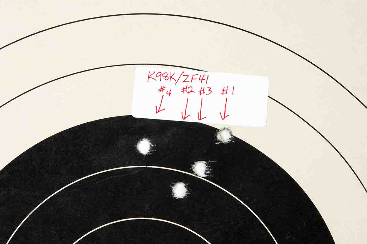 As an informal test, Mike shot two rounds with his K43 with a ZF4 scope. Then he dismounted the scope, put it back and fired two more shots. The bullet holes are numbered in the order they were fired.